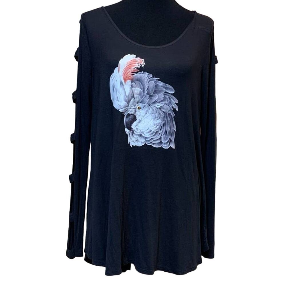 Upcycled Hand Printed Large White Cockatoo Parrot Ukraine Artist Fundraiser Tee